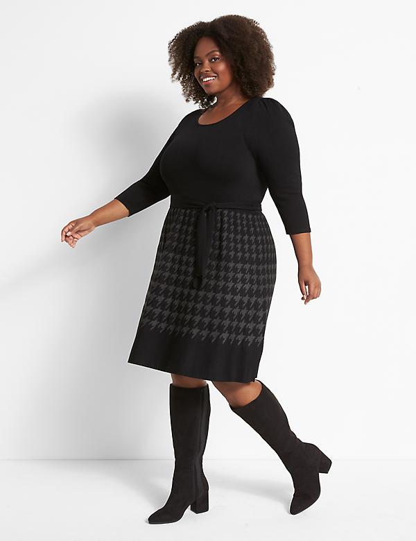 Long-Sleeve Belted Fit & Flare Sweater Dress