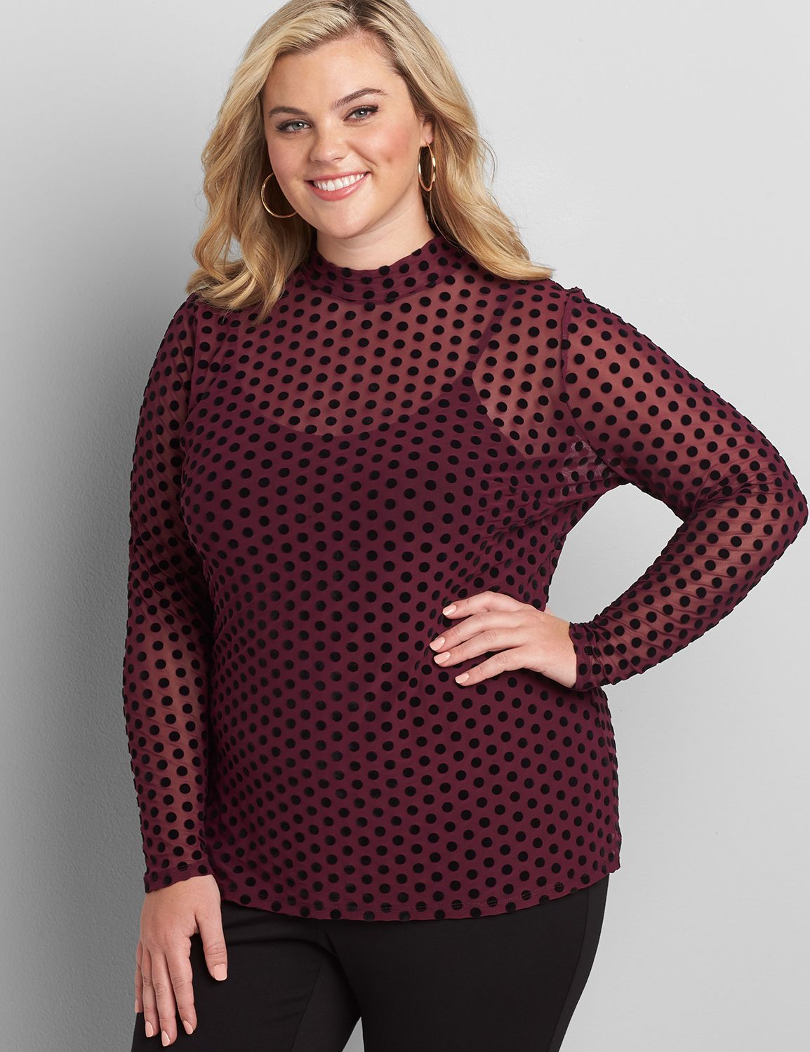 Long Sleeve Mock Neck Flocked Dot Top 1114758:Mysterious Purple 51-0004-19:22/24 Product Image 1