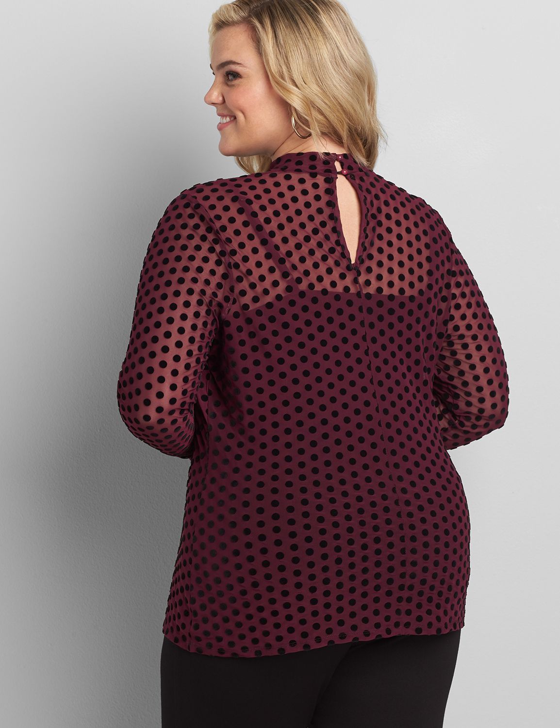 Long Sleeve Mock Neck Flocked Dot Top 1114758:Mysterious Purple 51-0004-19:22/24 Product Image 2