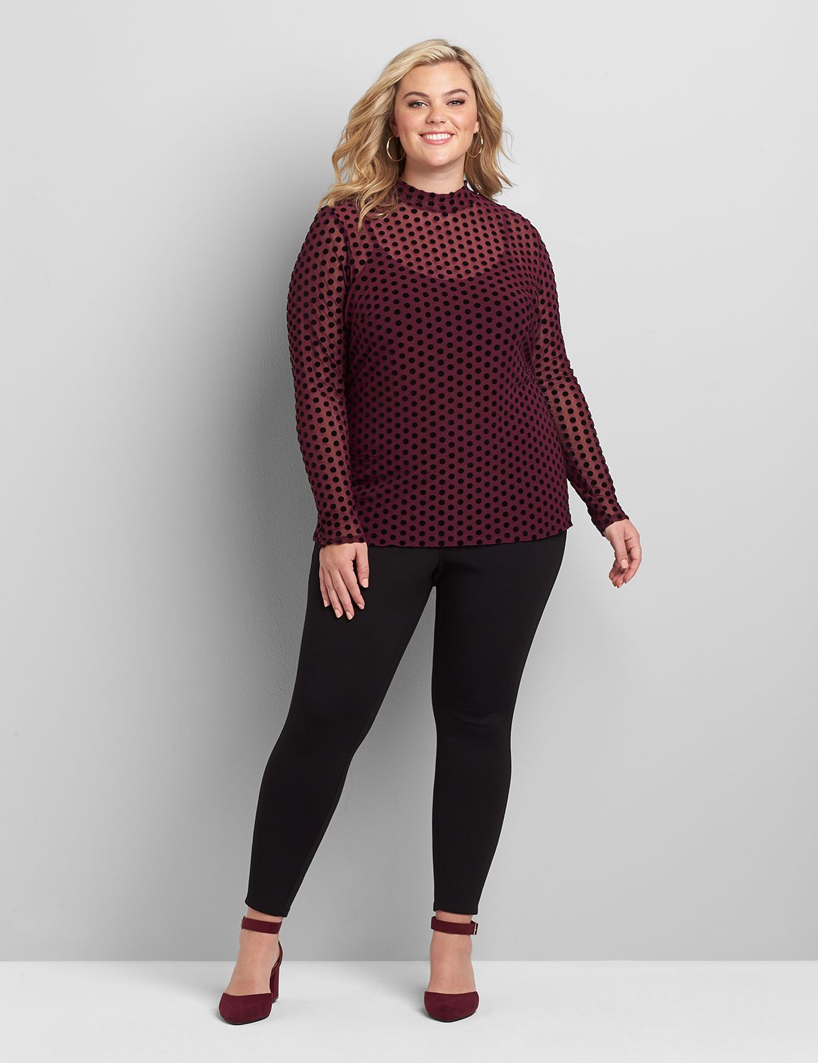 Long Sleeve Mock Neck Flocked Dot Top 1114758:Mysterious Purple 51-0004-19:22/24 Product Image 3