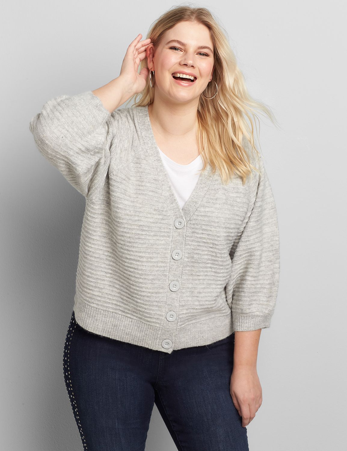 Image of Lane Bryant Women's Blouson-Sleeve Button-Front Cardigan / Heather Grey
