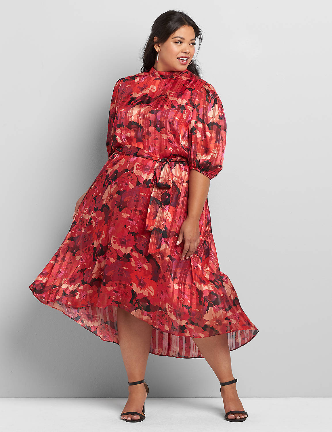 LONG SLEEVE STANDARD COLLAR ALL OVER SHADOW STRIPE FLORAL WITH BELT DRESS 1118237:GABBY SKYE RED PINK FLORAL- AS HEADER: Product Image 1