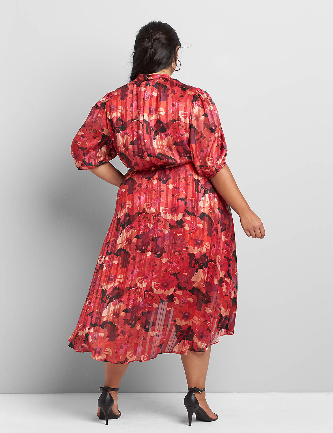 LONG SLEEVE STANDARD COLLAR ALL OVER SHADOW STRIPE FLORAL WITH BELT DRESS 1118237:GABBY SKYE RED PINK FLORAL- AS HEADER: Product Image 2