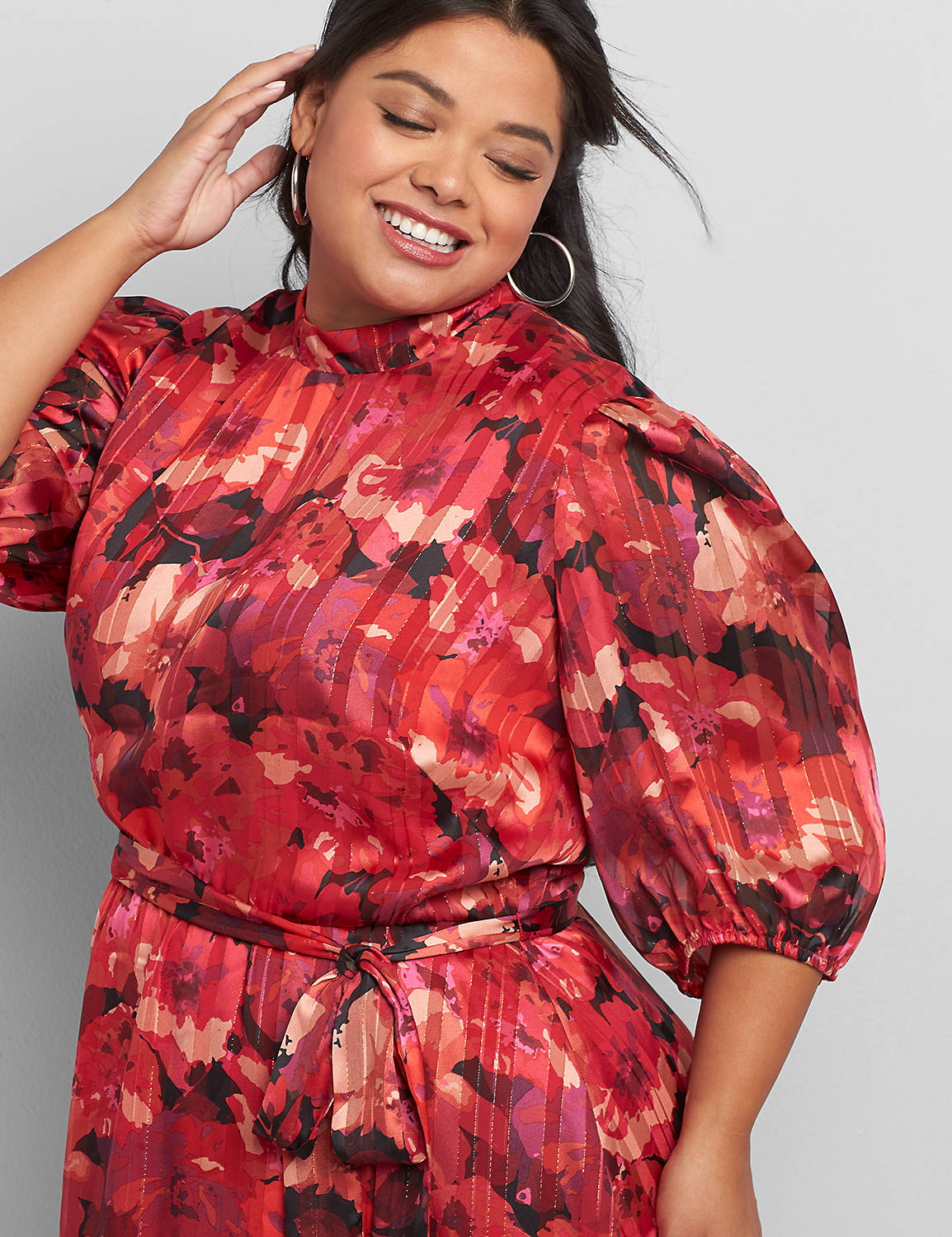 LONG SLEEVE STANDARD COLLAR ALL OVER SHADOW STRIPE FLORAL WITH BELT DRESS 1118237:GABBY SKYE RED PINK FLORAL- AS HEADER: Product Image 3