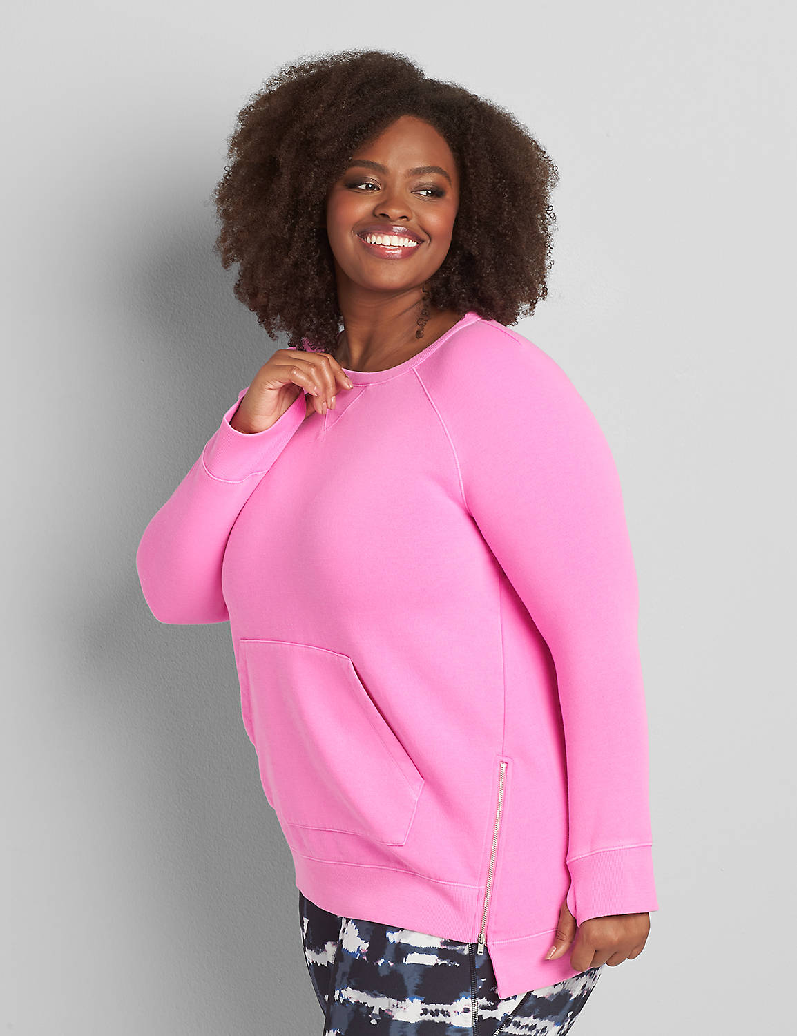 Long Sleeve Crew Neck Zipper Detail French Terry Tunic S 1116883:Bold Pink 62-0005-15:14/16 Product Image 1