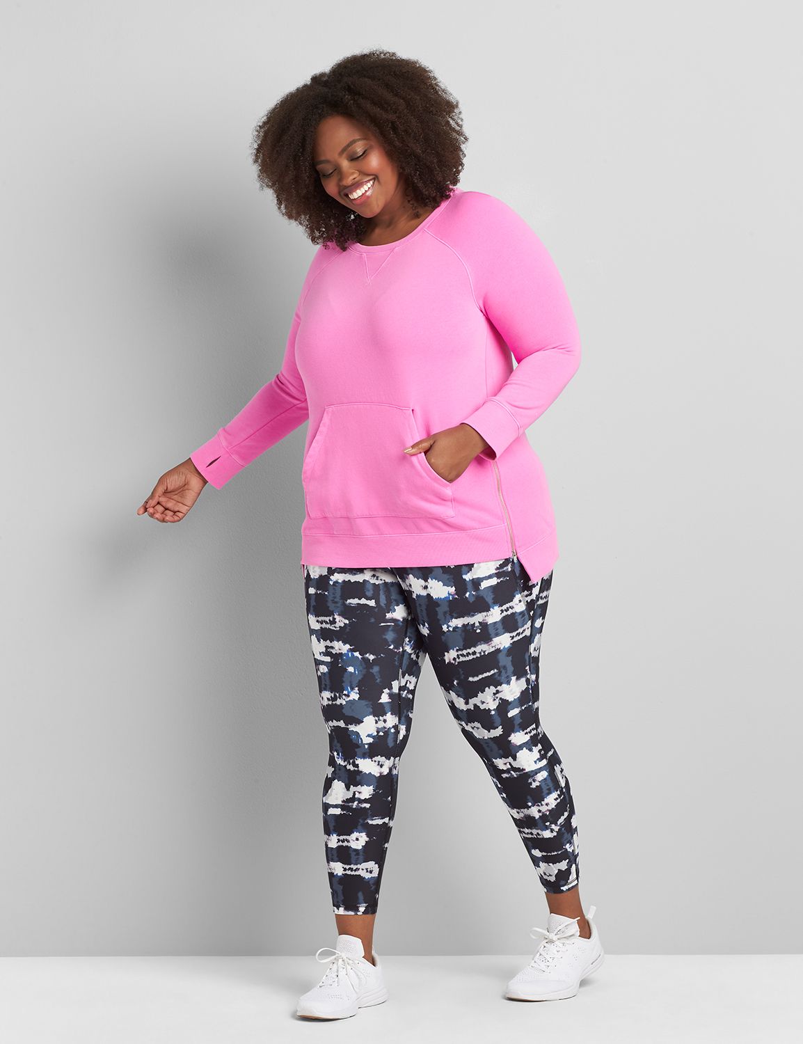 Long Sleeve Crew Neck Zipper Detail French Terry Tunic S 1116883:Bold Pink 62-0005-15:14/16 Product Image 3