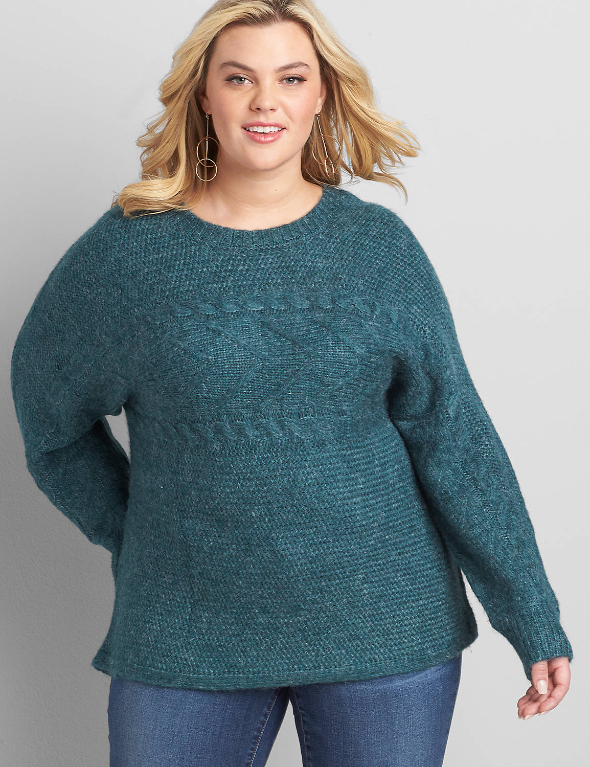 Long Sleeve Crew Neck Pullover with Horizontal Cable 1118269:PANTONE Deep Teal:22/24 Product Image 1