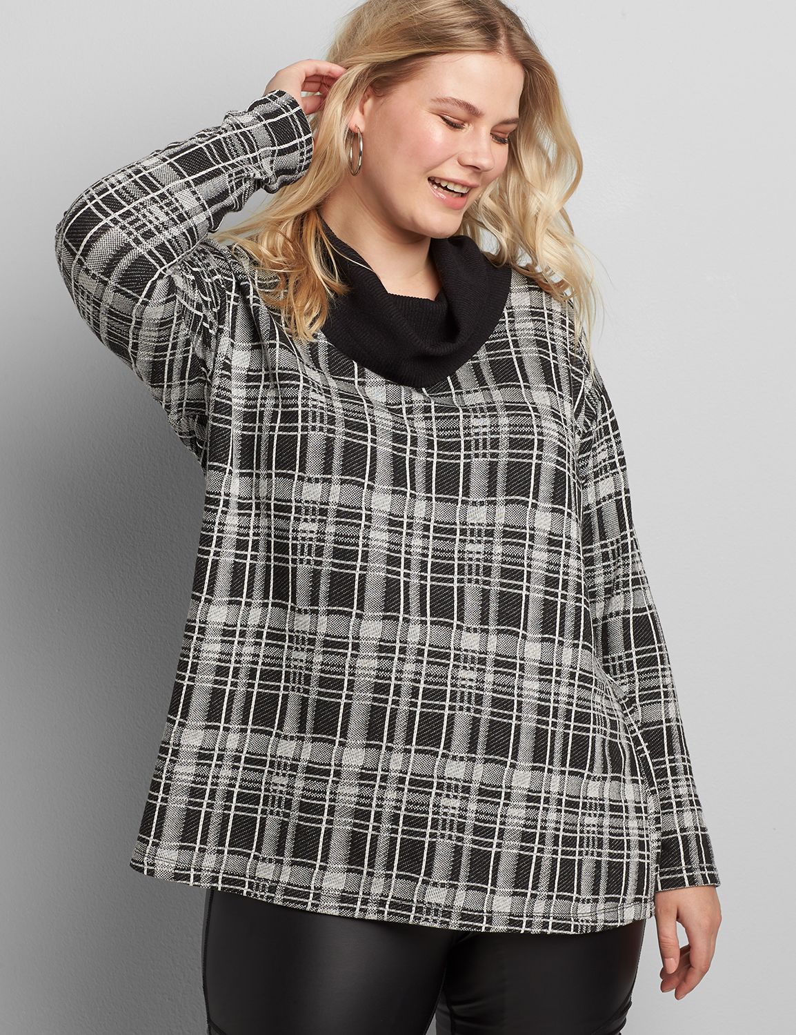 Long Sleeve Cowl Neck Hacci Plaid Tunic 1118052:Black/off white plaid:14/16 Product Image 1