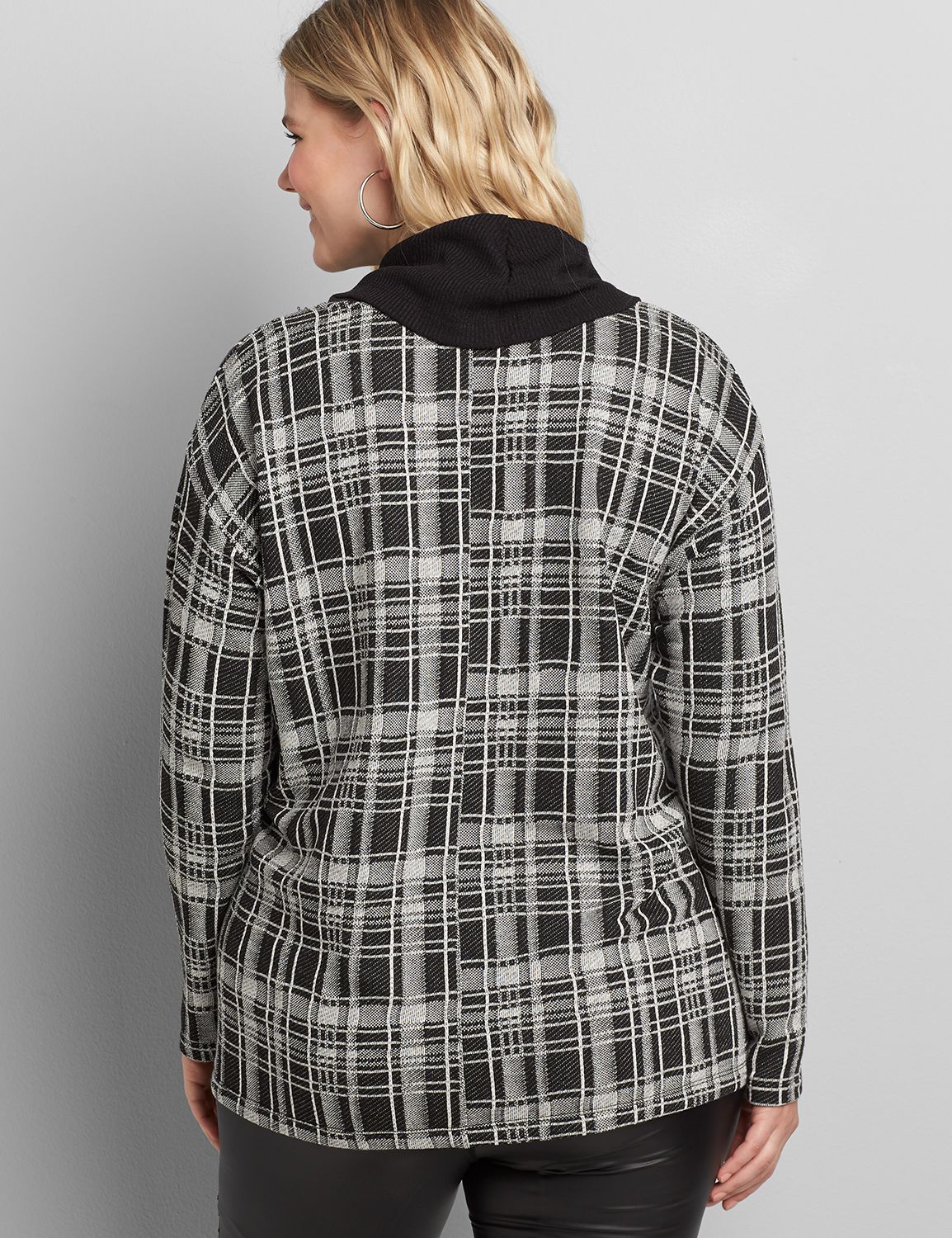 Long Sleeve Cowl Neck Hacci Plaid Tunic 1118052:Black/off white plaid:14/16 Product Image 2