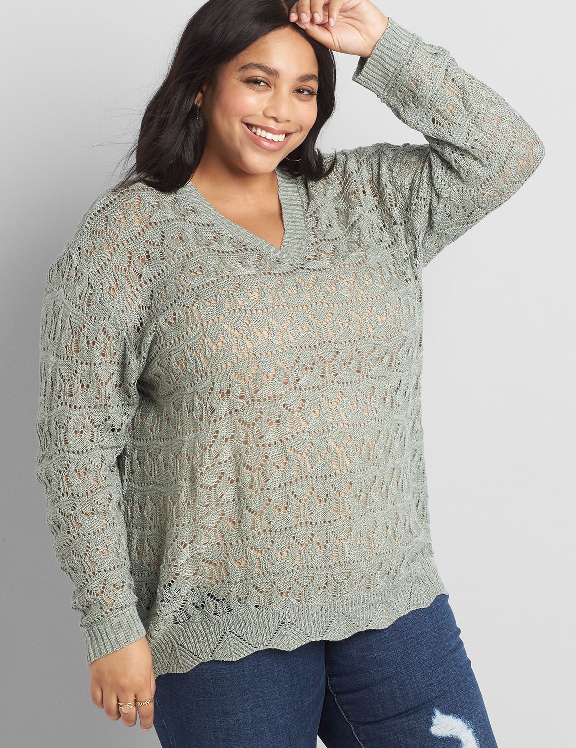 Long Sleeve V Neck Pullover with Allover Pointelle 1118583:Grey:10/12 Product Image 1
