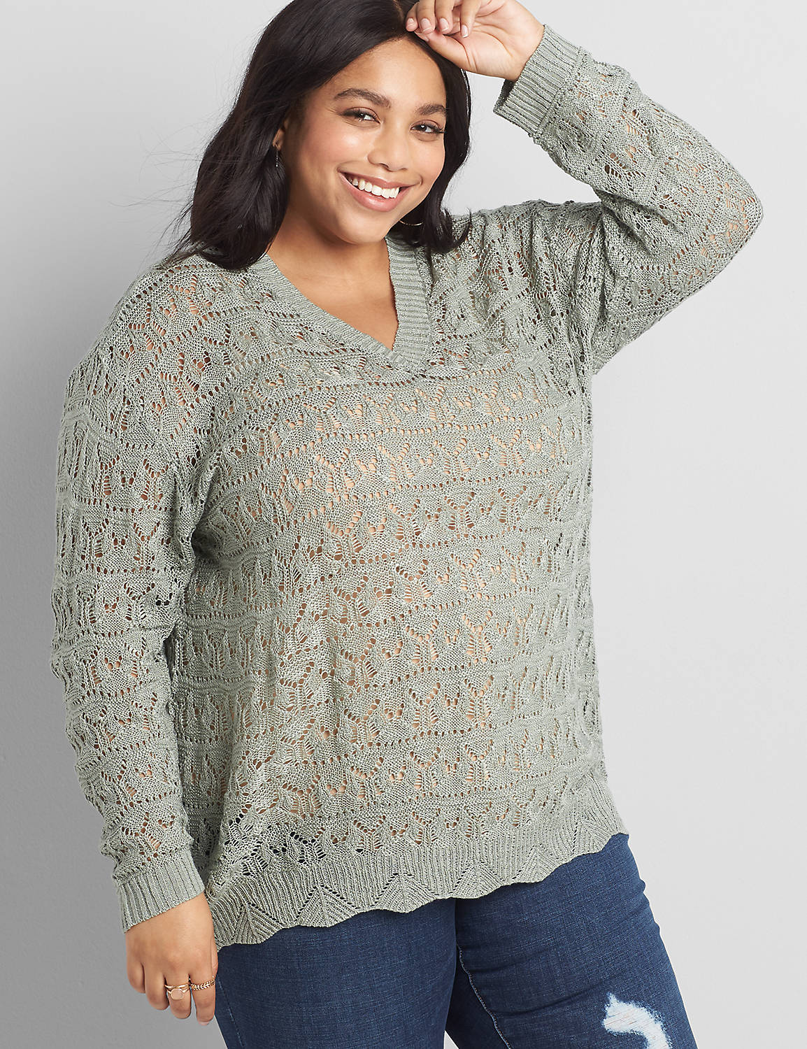 Long Sleeve V Neck Pullover with Allover Pointelle 1118583:Grey:10/12 Product Image 1