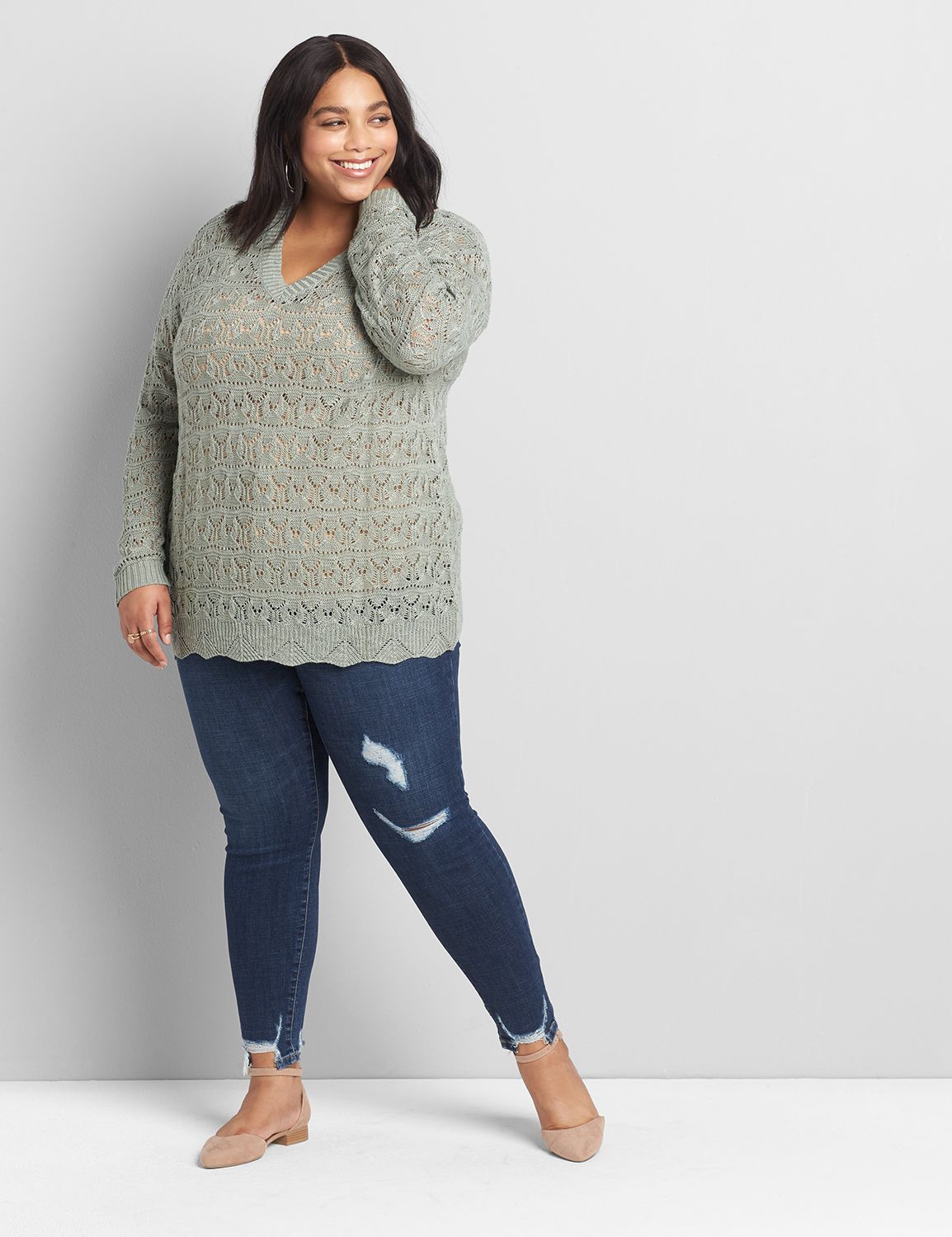 Long Sleeve V Neck Pullover with Allover Pointelle 1118583:Grey:10/12 Product Image 3