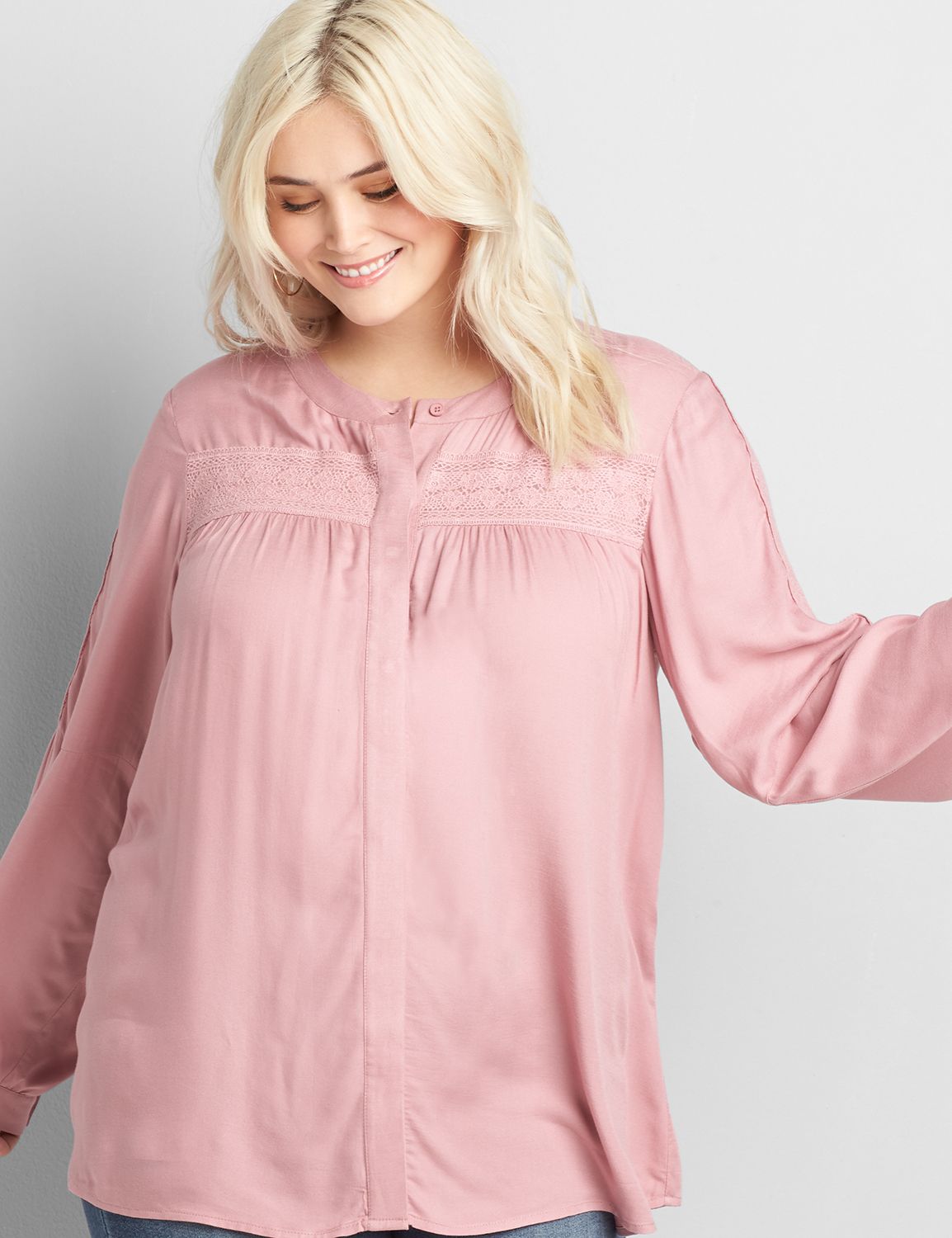 Image of Lane Bryant Women's Button-Front Lace-Trim Blouse / Lilas