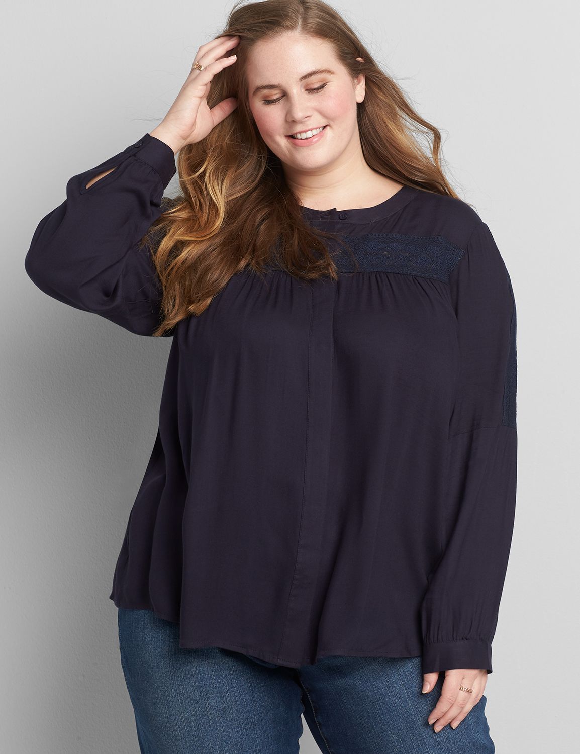 Image of Lane Bryant Women's Button-Front Lace-Trim Blouse / Night Sky