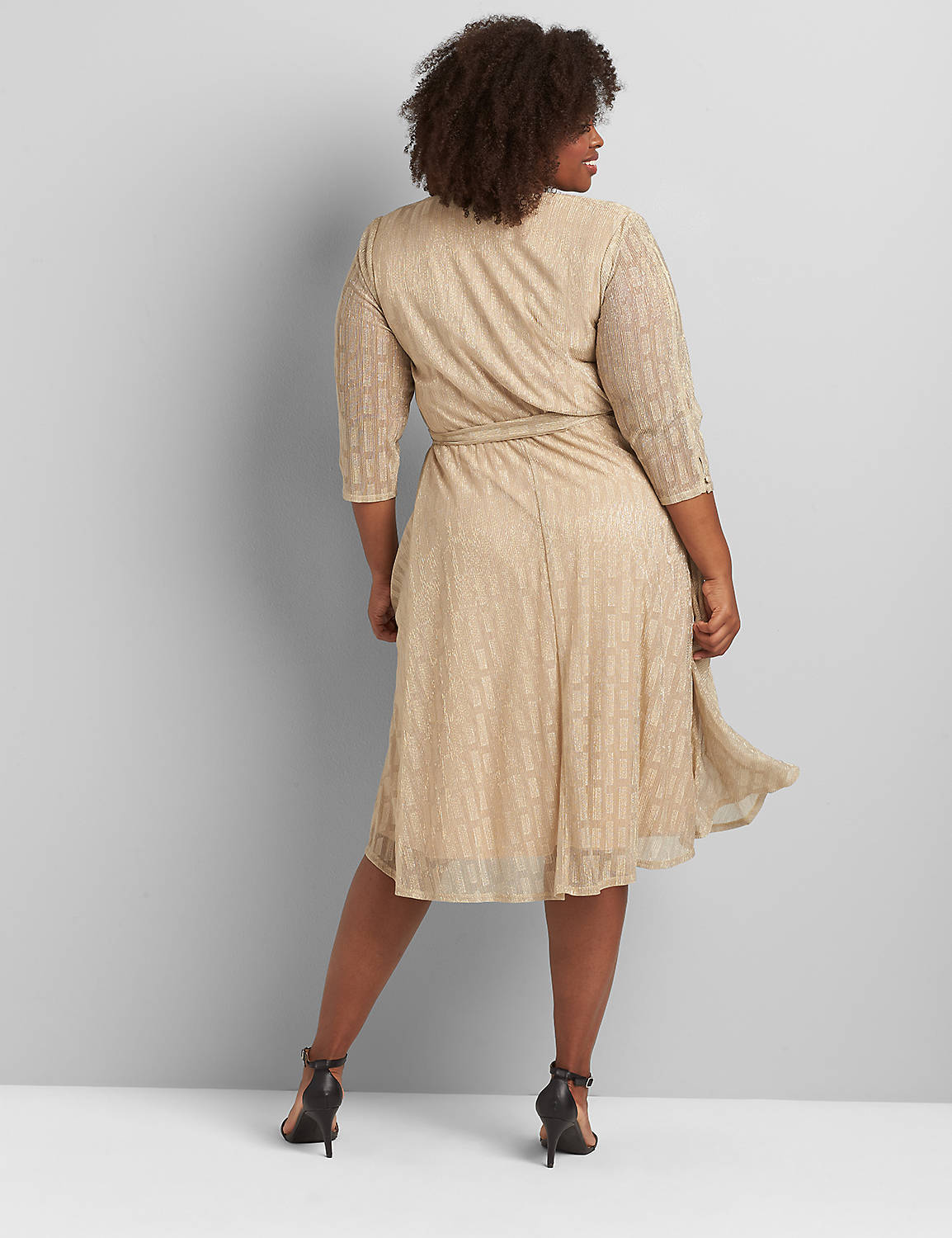 3/4 Sleeve Surplice Midi Pleated Skirt Textured Dress 1117110 GS:GABBY SKYE CHAMPAGNE DOT - AS HEADER:16 Product Image 2