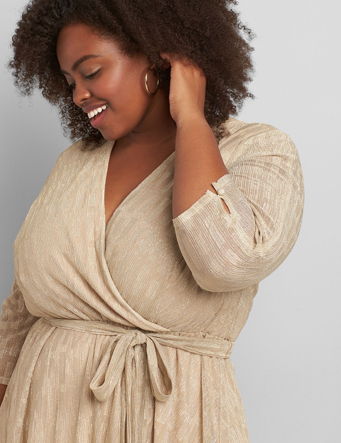 3/4 Sleeve Surplice Midi Pleated Skirt Textured Dress 1117110 GS:GABBY SKYE CHAMPAGNE DOT - AS HEADER:16 Product Image 3