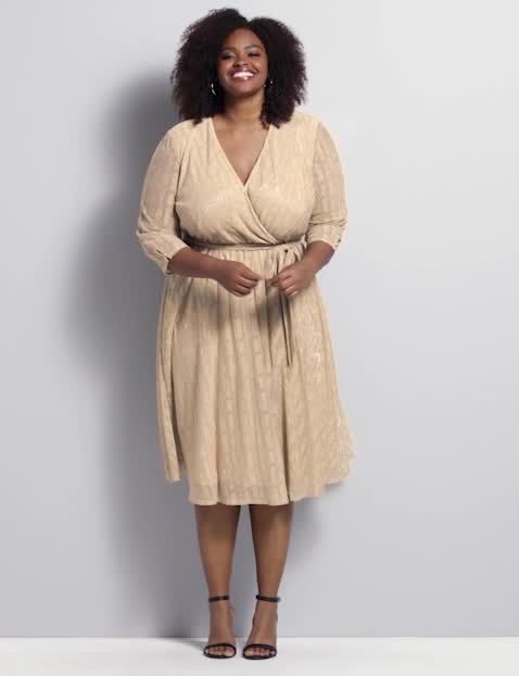 3/4 Sleeve Surplice Midi Pleated Skirt Textured Dress 1117110 GS:GABBY SKYE CHAMPAGNE DOT - AS HEADER:16 image number 0