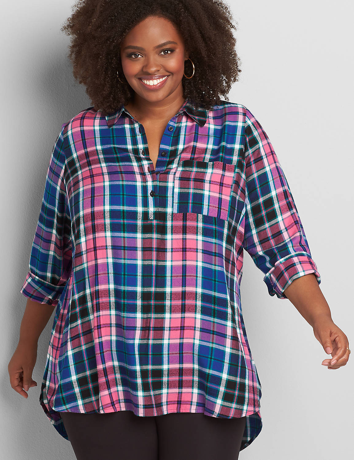 Long Sleeve Button Front Popover Tunic JAN 1118092:LBH20171_WilmaPlaid_colorway5:26 Product Image 1