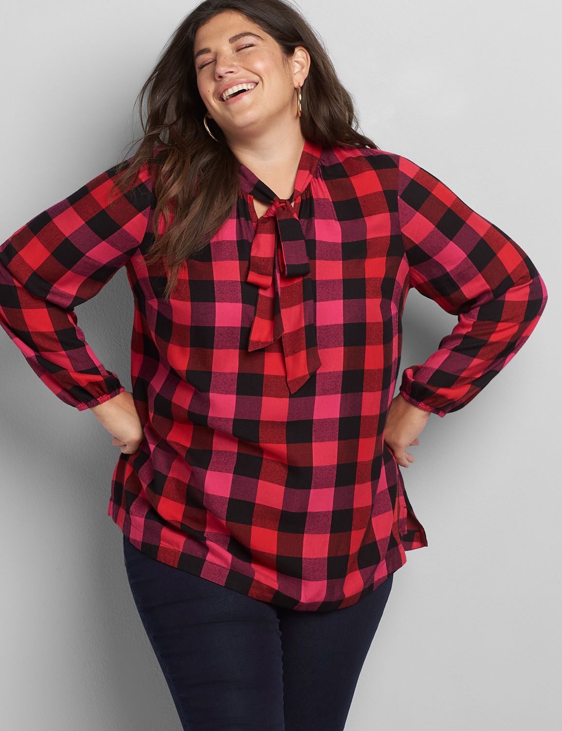 Image of Lane Bryant Women's Checkered Tie-Neck Top  Red, Pink And Black Plaid