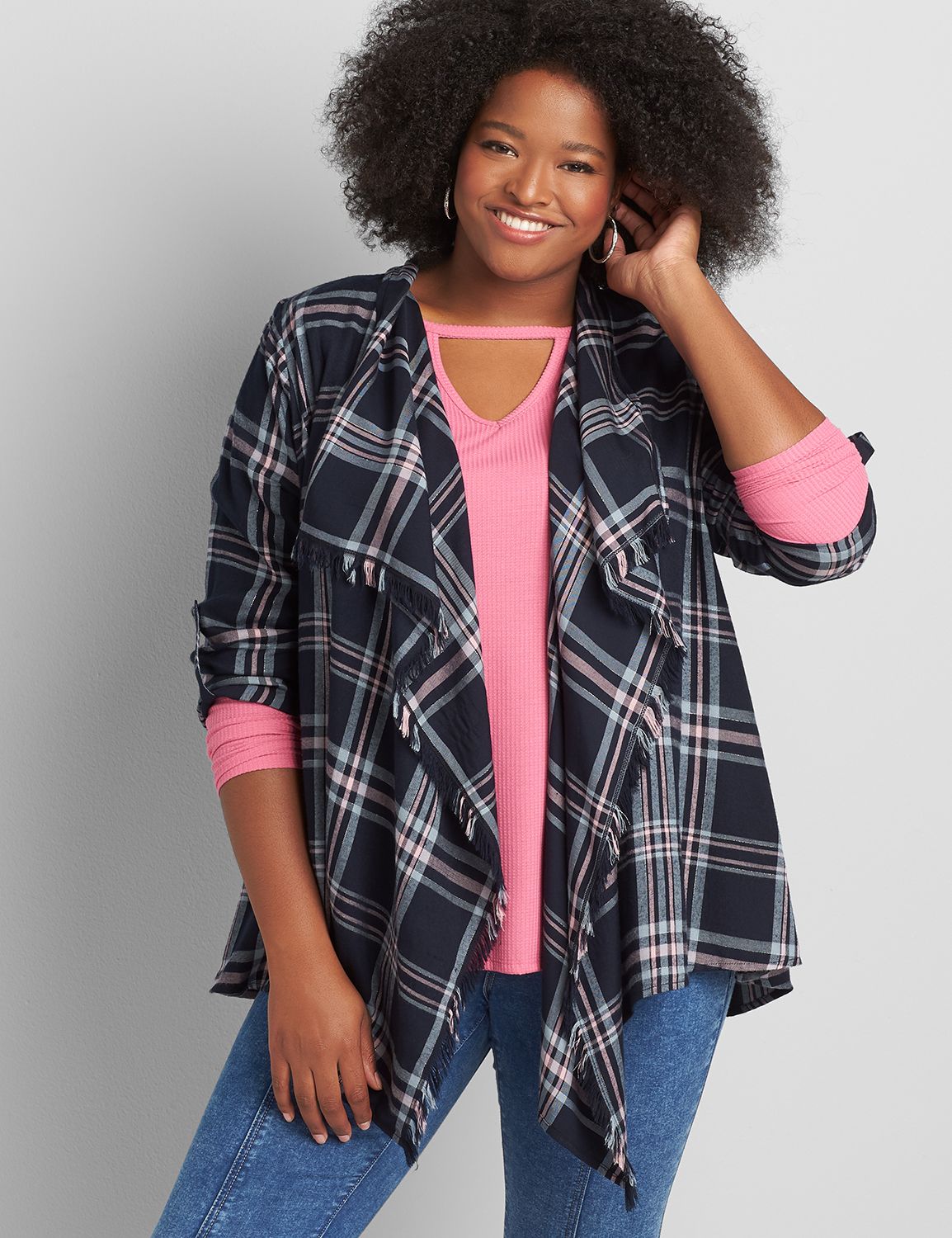 3/4 Sleeve Roll Tab Plaid Overpiece JANUARY 1117678:LBH20169_AerilPlaid_colorway1:18/20 Product Image 1