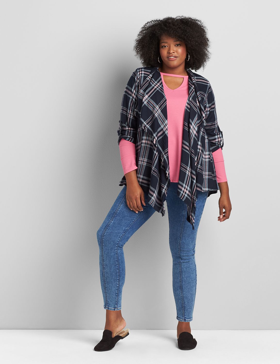 3/4 Sleeve Roll Tab Plaid Overpiece JANUARY 1117678:LBH20169_AerilPlaid_colorway1:18/20 Product Image 3