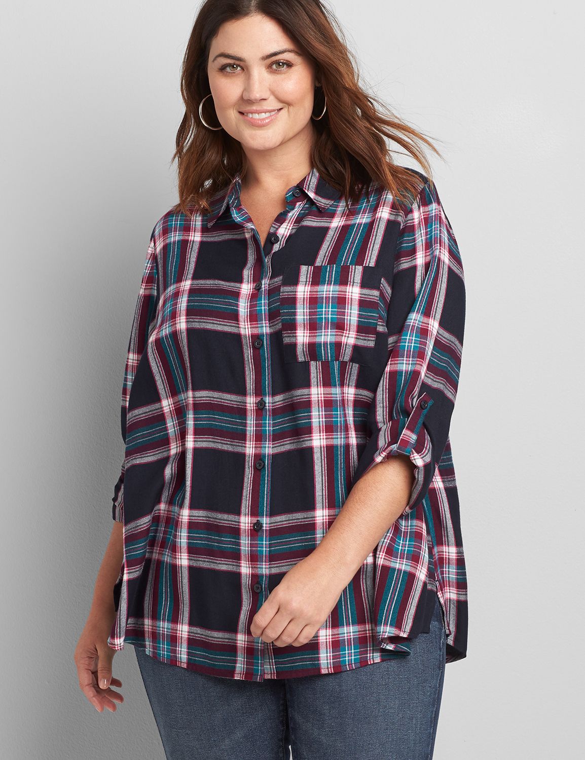 Long Sleeve Button Front Plaid Boyfriend Shirt 1118129:LBH20154_GwendaPlaid_colorway1:14/16 Product Image 1