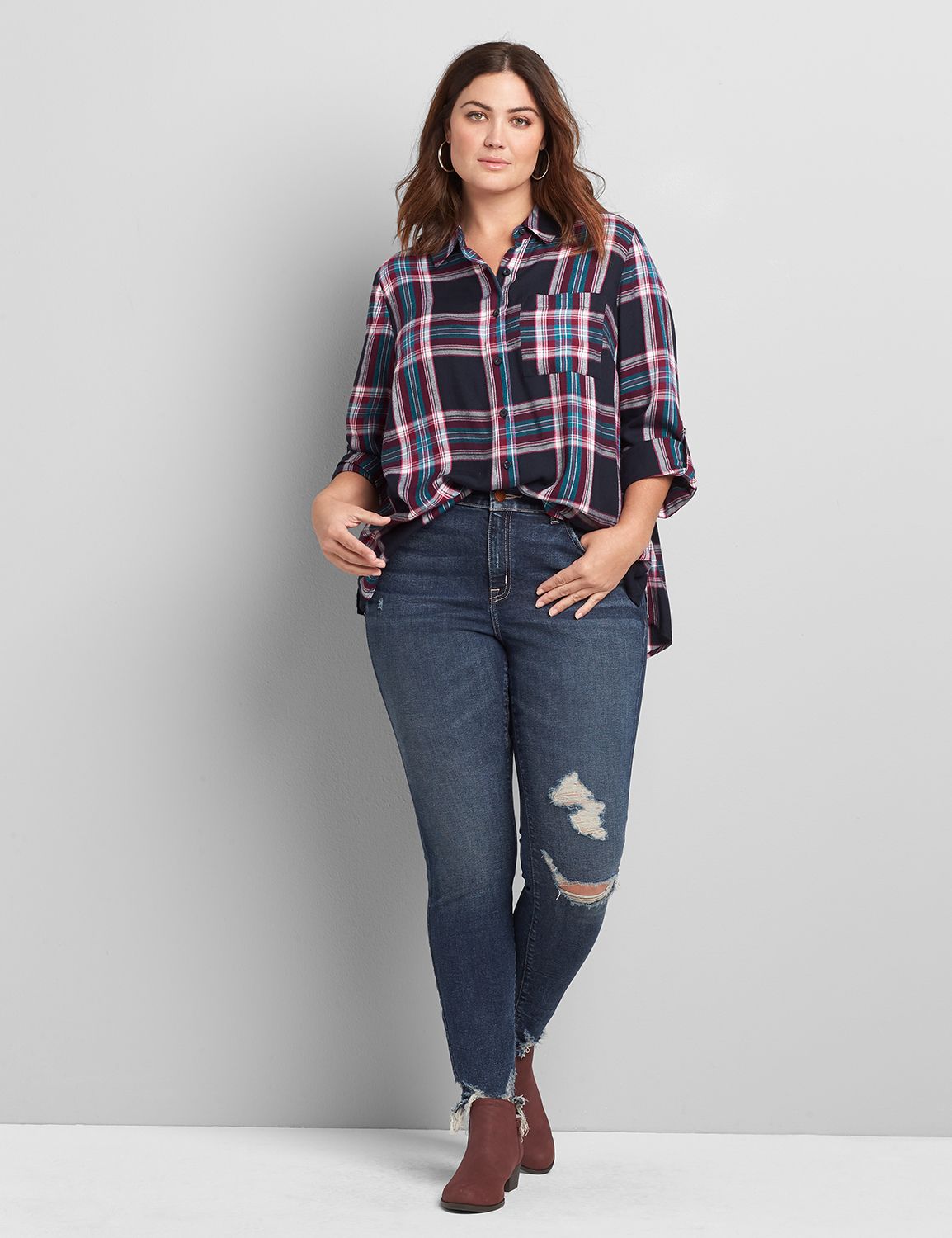 Long Sleeve Button Front Plaid Boyfriend Shirt 1118129:LBH20154_GwendaPlaid_colorway1:14/16 Product Image 3