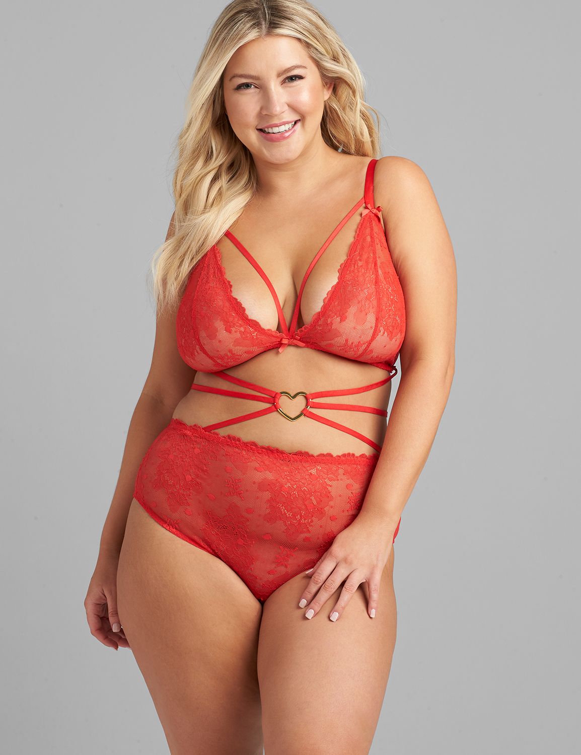 Image of Lane Bryant Women's Strappy Lace Playsuit With Heart Embellishment / Racing Red