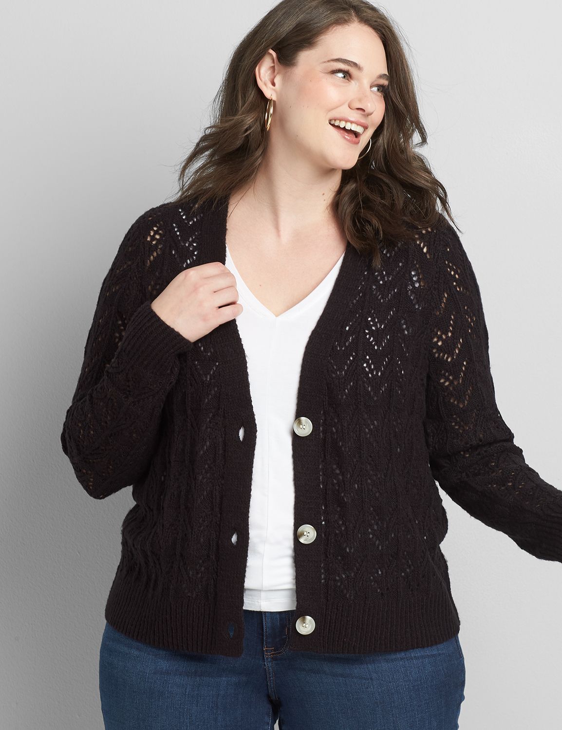 Image of Lane Bryant Women's Button-Front Pointelle-Stitch Cardigan / Black
