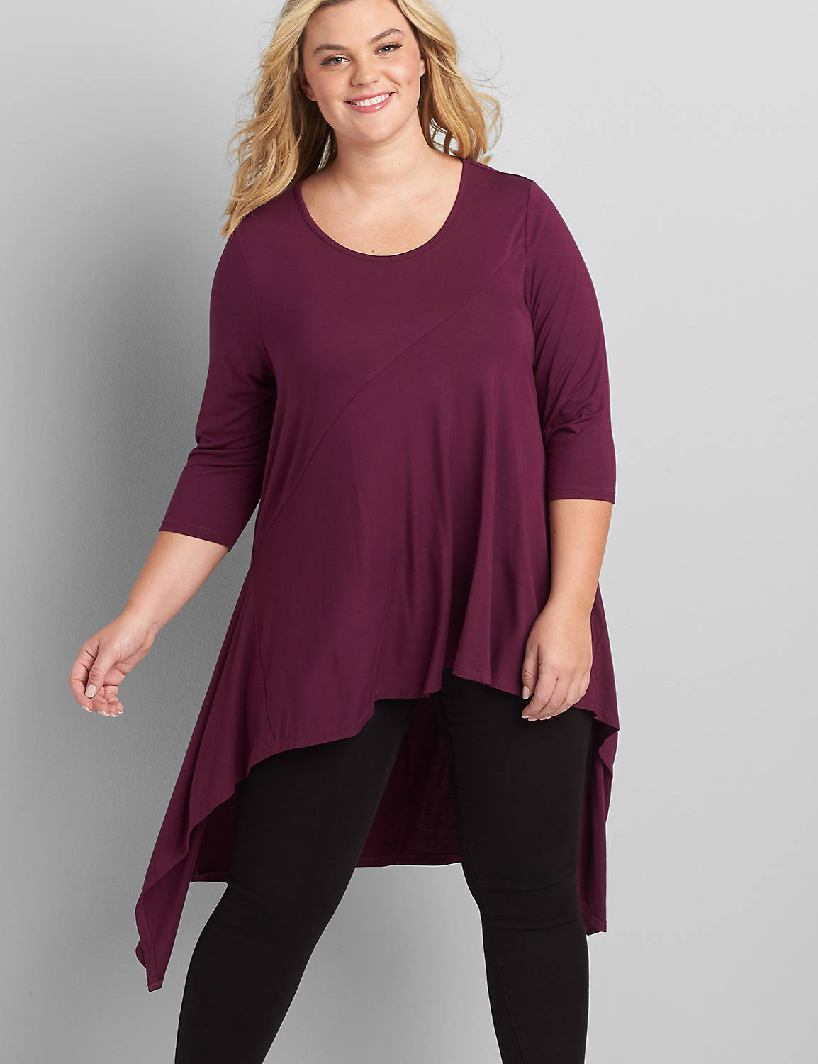 3/4 Sleeve Scoop Neck Extreme Asym Tunic 1115018:PANTONE Pickled Beet:18/20 Product Image 1