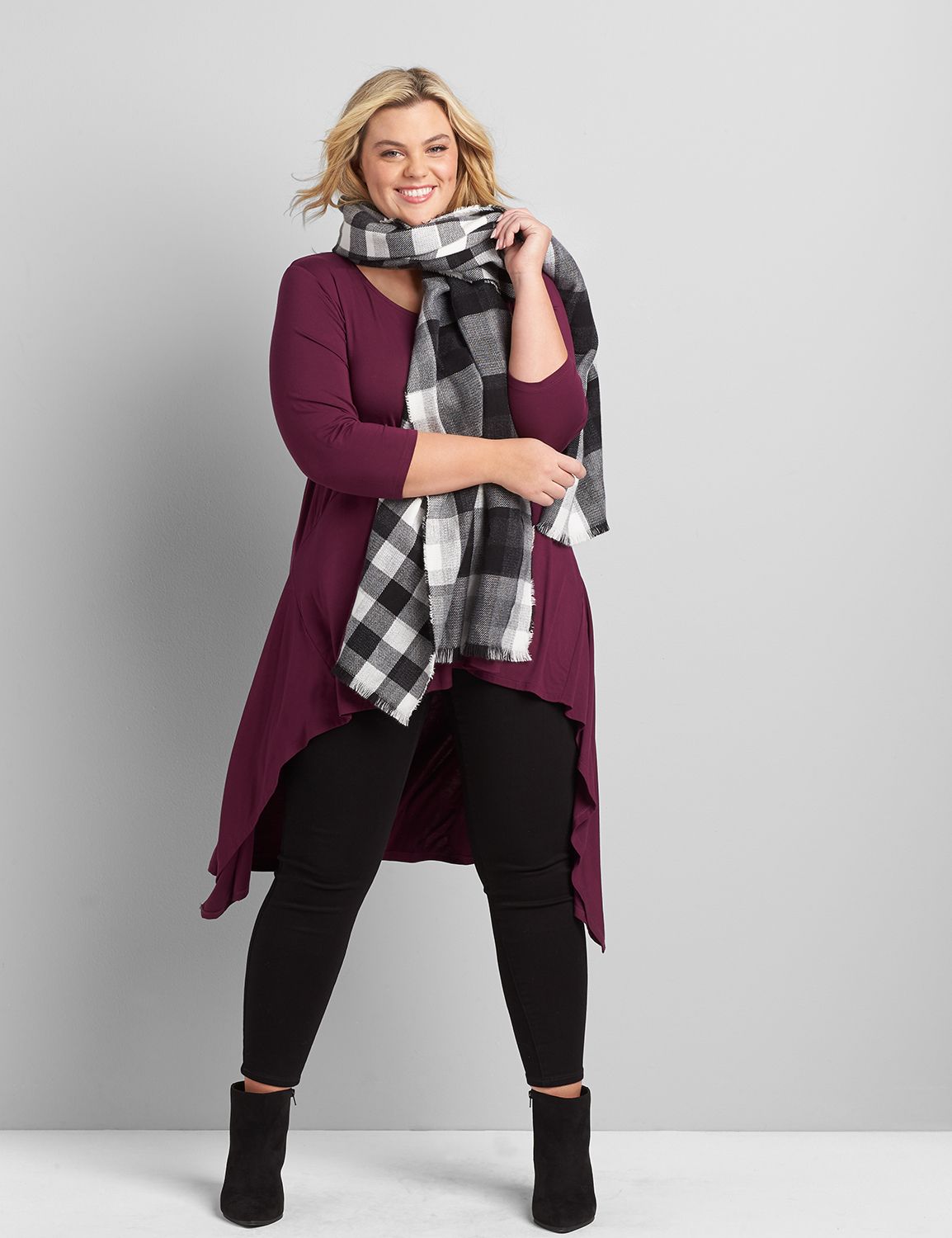 3/4 Sleeve Scoop Neck Extreme Asym Tunic 1115018:PANTONE Pickled Beet:18/20 Product Image 3