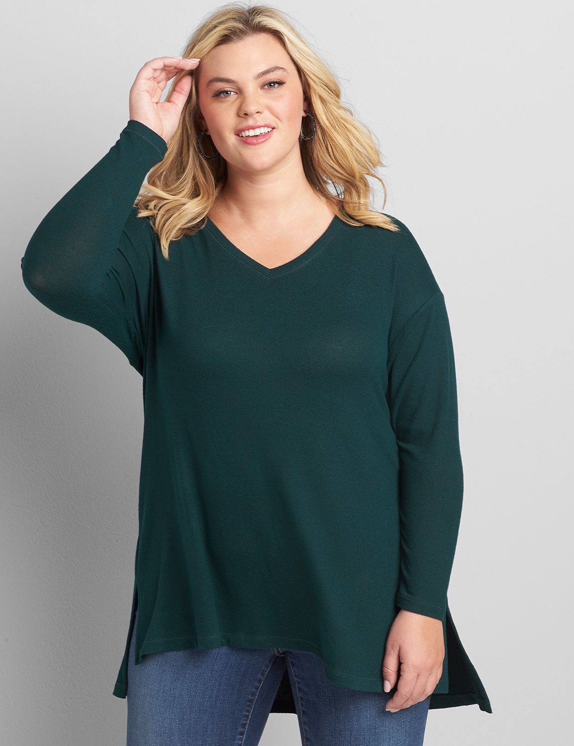 Long Sleeve V Neck Step Hem Tunic 1117073:PANTONE Deep Teal:22/24 Product Image 1