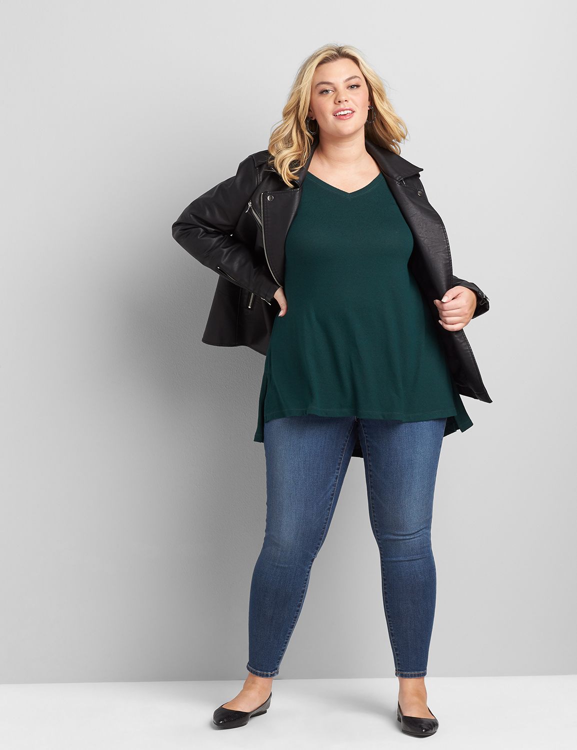 Long Sleeve V Neck Step Hem Tunic 1117073:PANTONE Deep Teal:22/24 Product Image 3