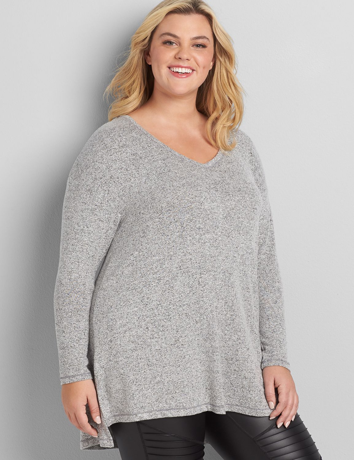 Long Sleeve V Neck Step Hem Tunic 1117073:Hacci Grey Heather:22/24 Product Image 1
