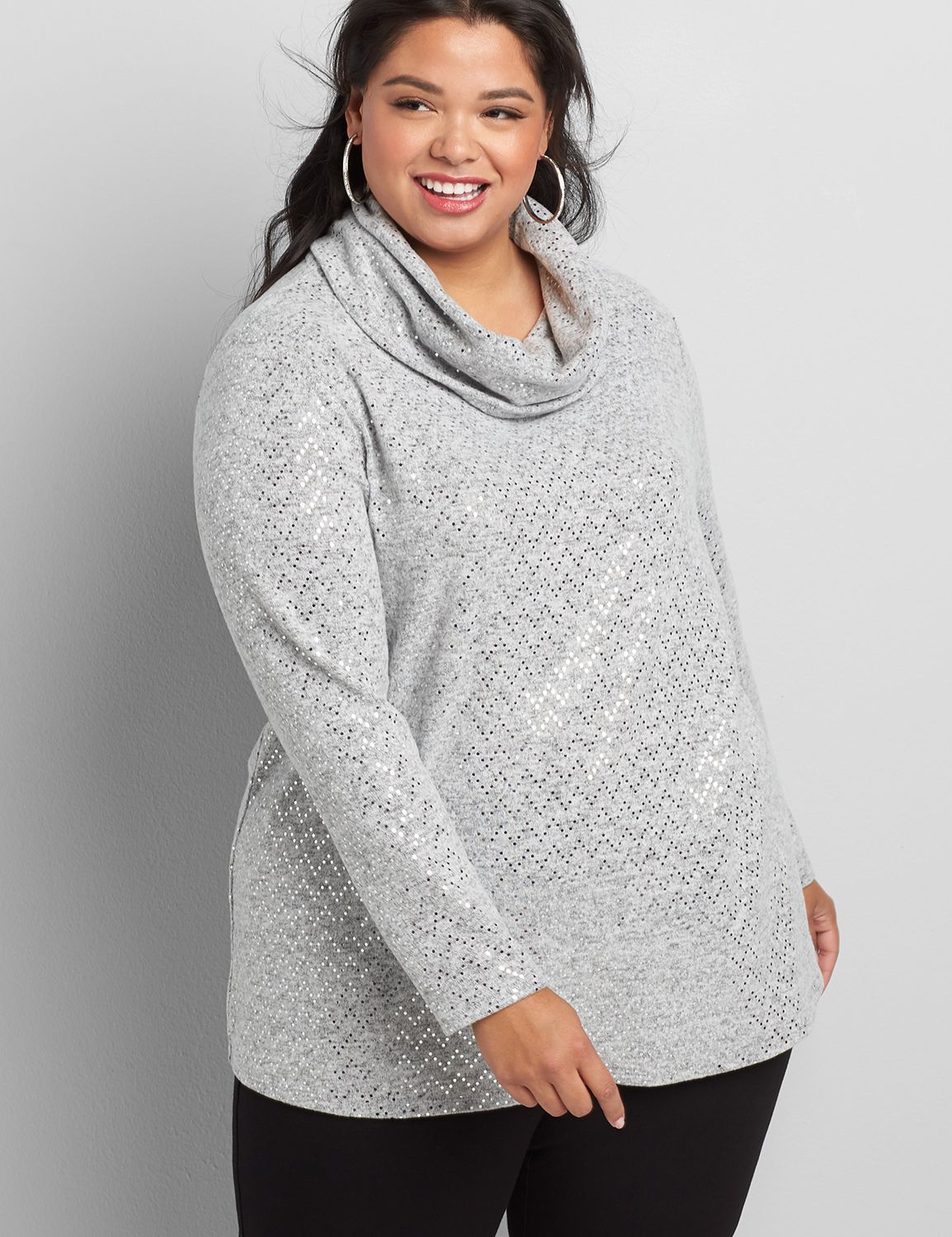 Long Sleeve Cowl Neck Modified Swing Foil Dot Top 1117051:Hacci Grey Heather:14/16 Product Image 1