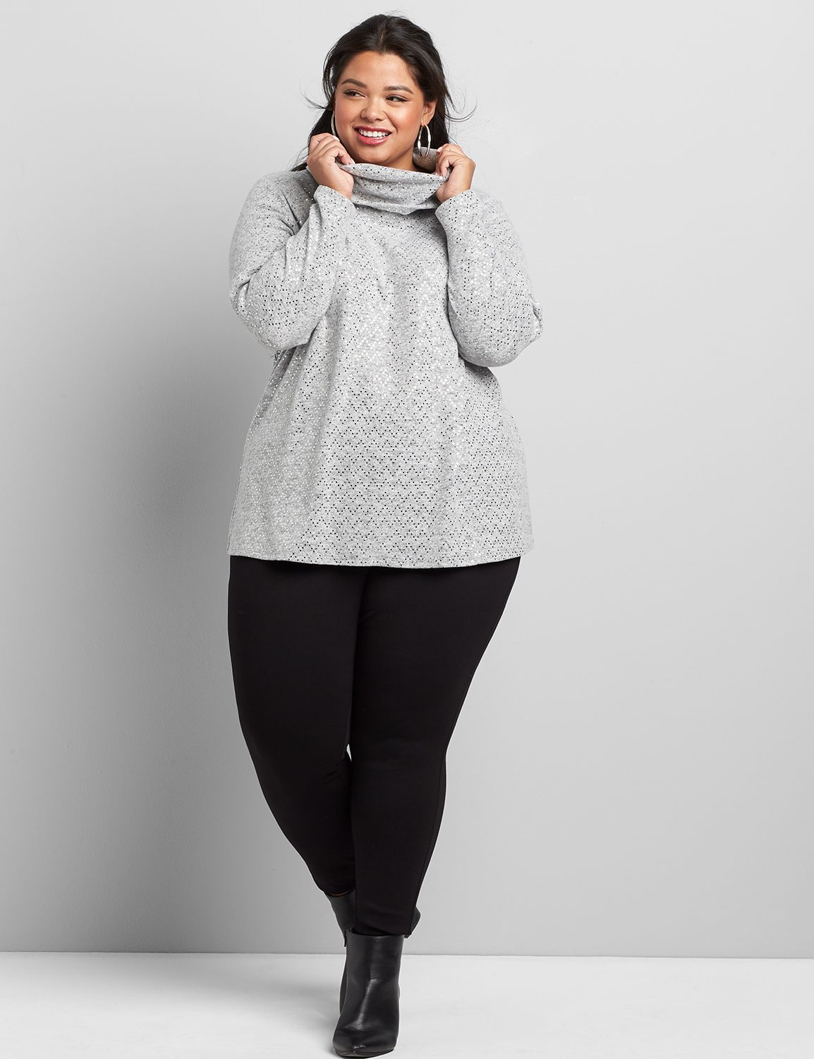 Long Sleeve Cowl Neck Modified Swing Foil Dot Top 1117051:Hacci Grey Heather:14/16 Product Image 3