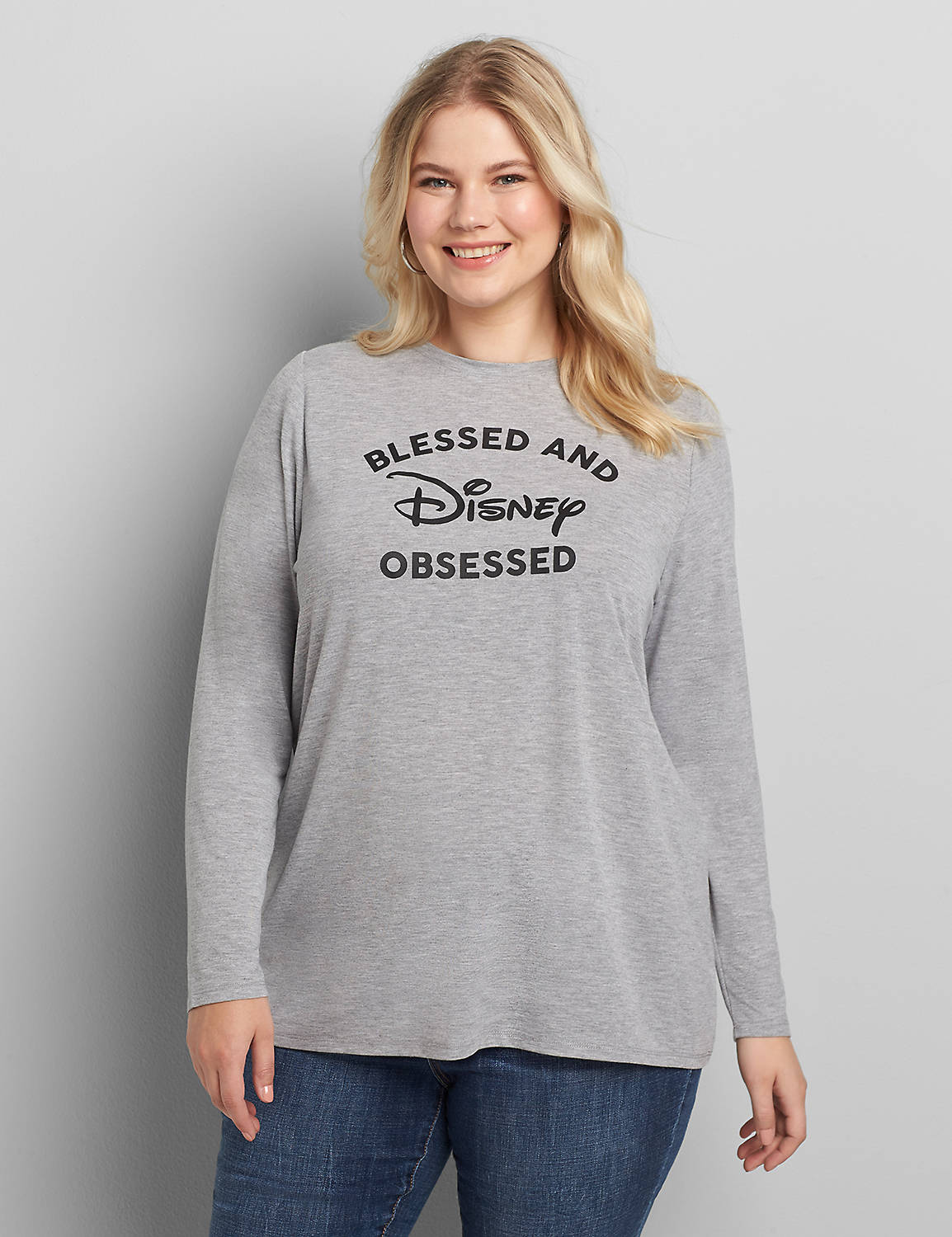 Long Sleeve Crew Neck Pullover Graphic: Blessed and Disney Obsessed 1118123:BTC30 Medium Heather Gray:18/20 Product Image 1
