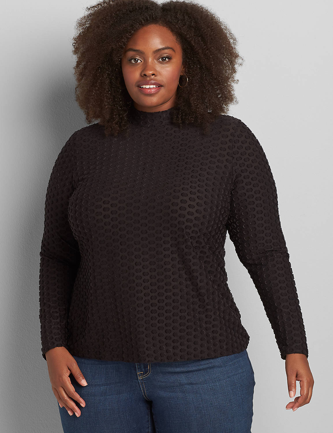 Long Sleeve Mock Neck Fitted Clip Dot Top 1117018:Pitch Black LB 1000322:18/20 Product Image 1