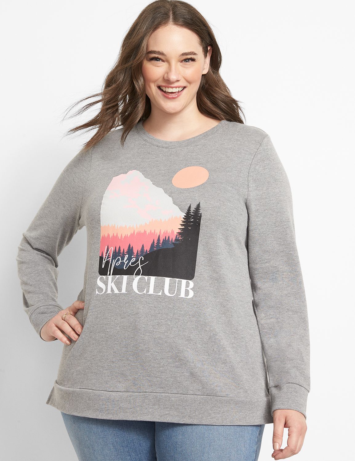 Long Sleeve Crew Neck Sweatshirt with Side Slit Graphic: Apres Ski 1118131:BTC30 Medium Heather Gray:10/12 Product Image 1