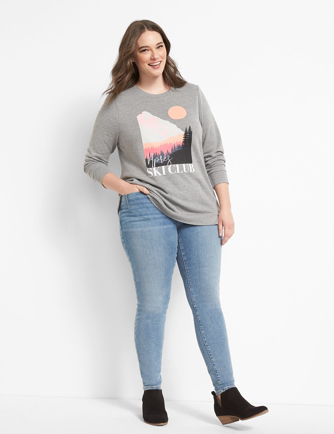 Long Sleeve Crew Neck Sweatshirt with Side Slit Graphic: Apres Ski 1118131:BTC30 Medium Heather Gray:10/12 Product Image 3