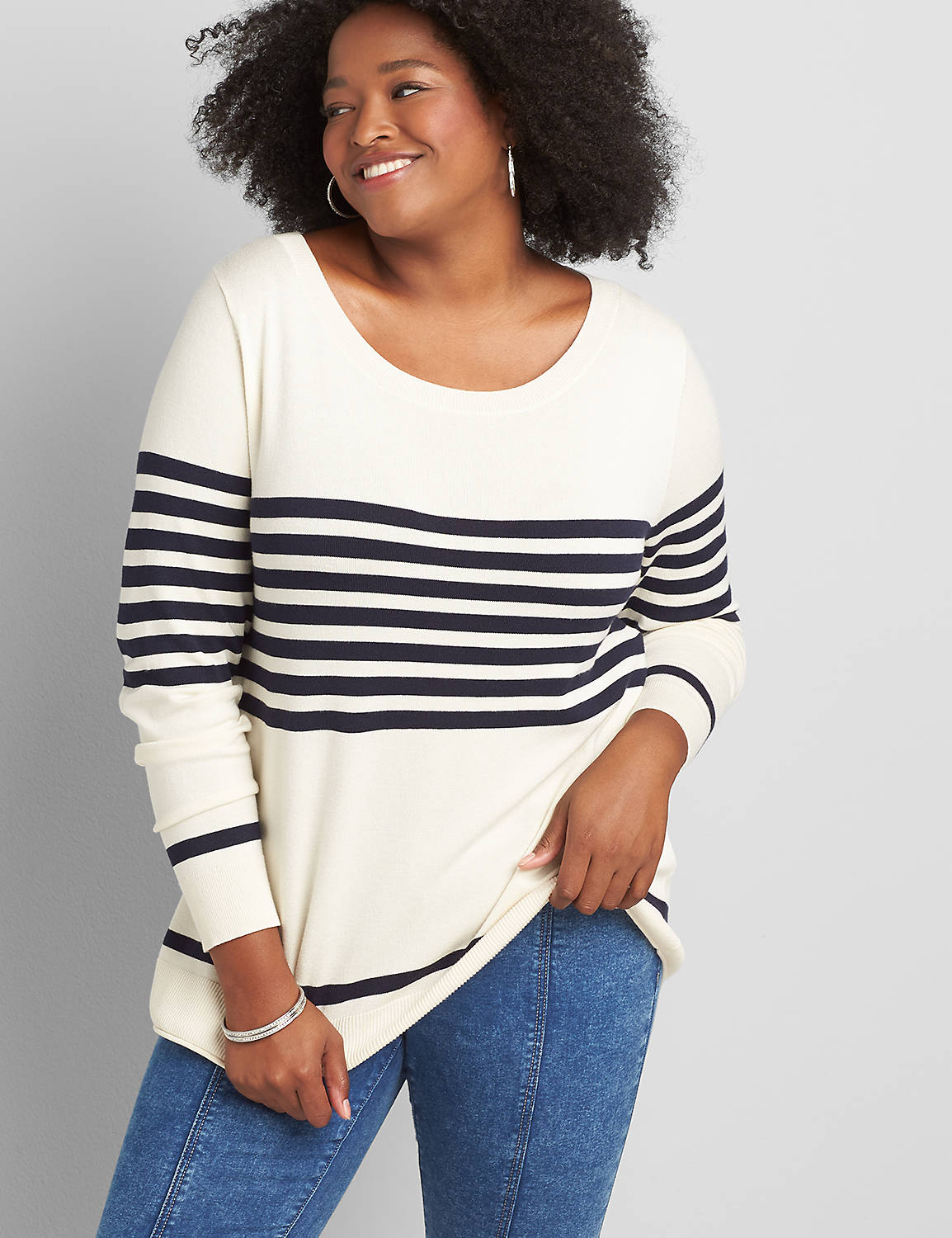 Long Sleeve Open Crew Neck Sweater with Stripes 1117590:PANTONE Pristine:10/12 Product Image 1