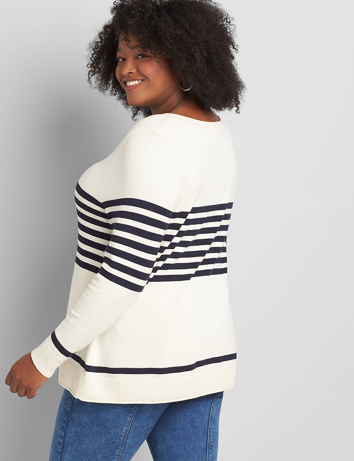 Long Sleeve Open Crew Neck Sweater with Stripes 1117590:PANTONE Pristine:10/12 Product Image 2