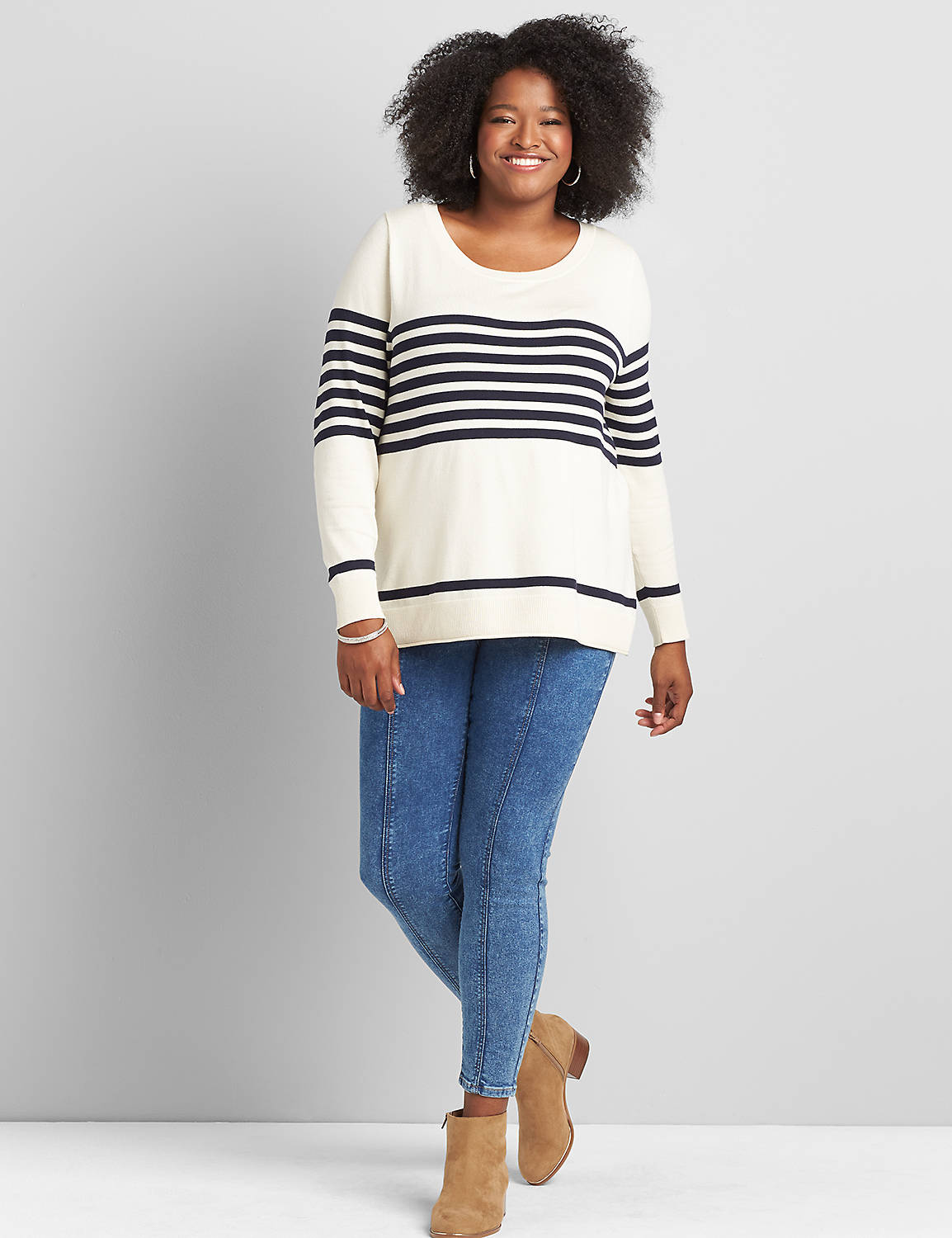 Long Sleeve Open Crew Neck Sweater with Stripes 1117590:PANTONE Pristine:10/12 Product Image 3