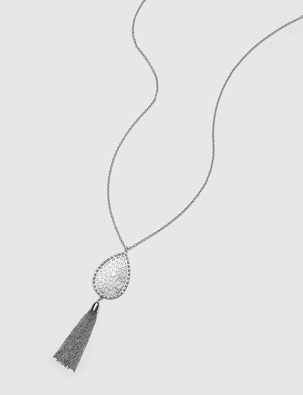 Filigree with Pave Teardrop Pendant Long Necklace:Silver Tone:ONESZ Product Image 1