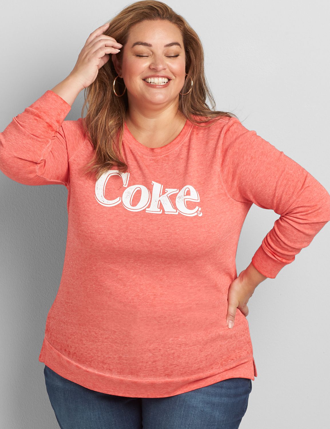 Long Sleeve Crew Neck Sweatshirt with Side Slit Graphic: Coke 1119131:PANTONE Racing Red:22/24 Product Image 1