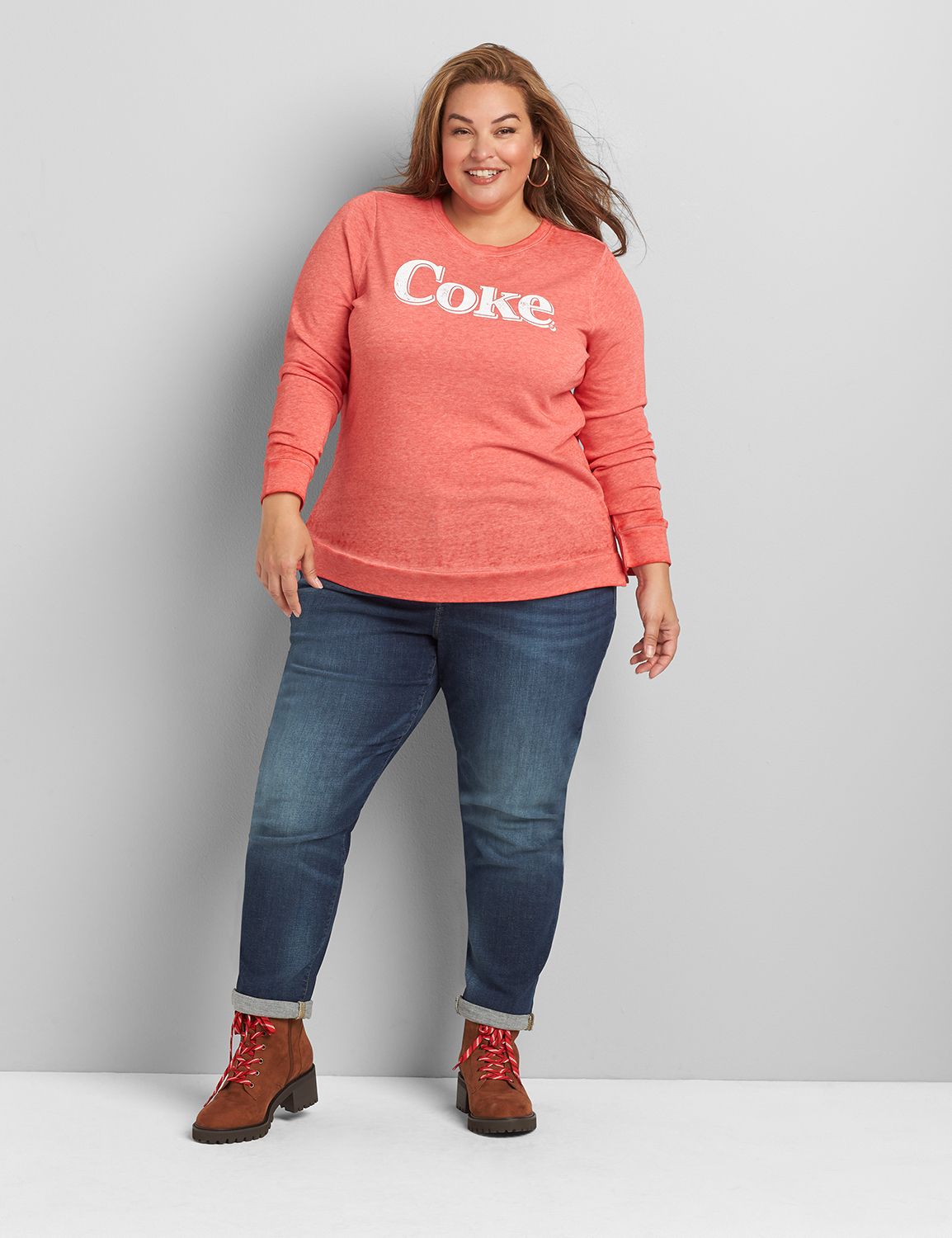 Long Sleeve Crew Neck Sweatshirt with Side Slit Graphic: Coke 1119131:PANTONE Racing Red:22/24 Product Image 3