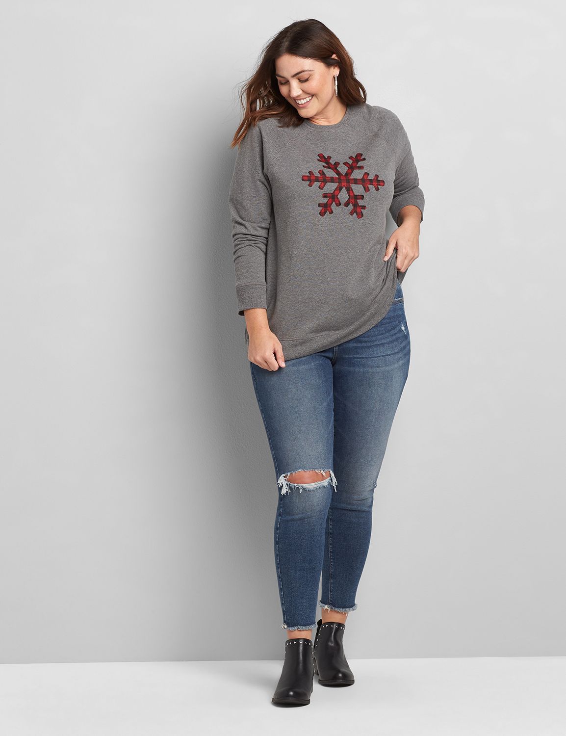 Long Sleeve Crew Neck Raglan Sweatshirt Graphic Snowflake applique 1118797 BTC 30 CHARCOAL HEATHER GREY 14 16