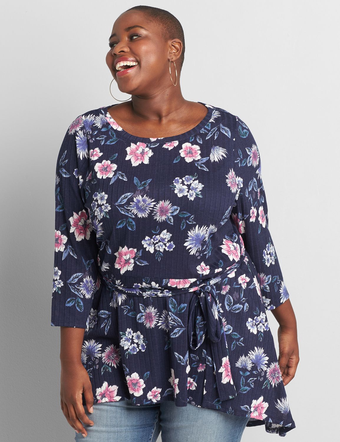 Image of Lane Bryant Women's Boatneck Belted High-Low Tunic Top / Floral
