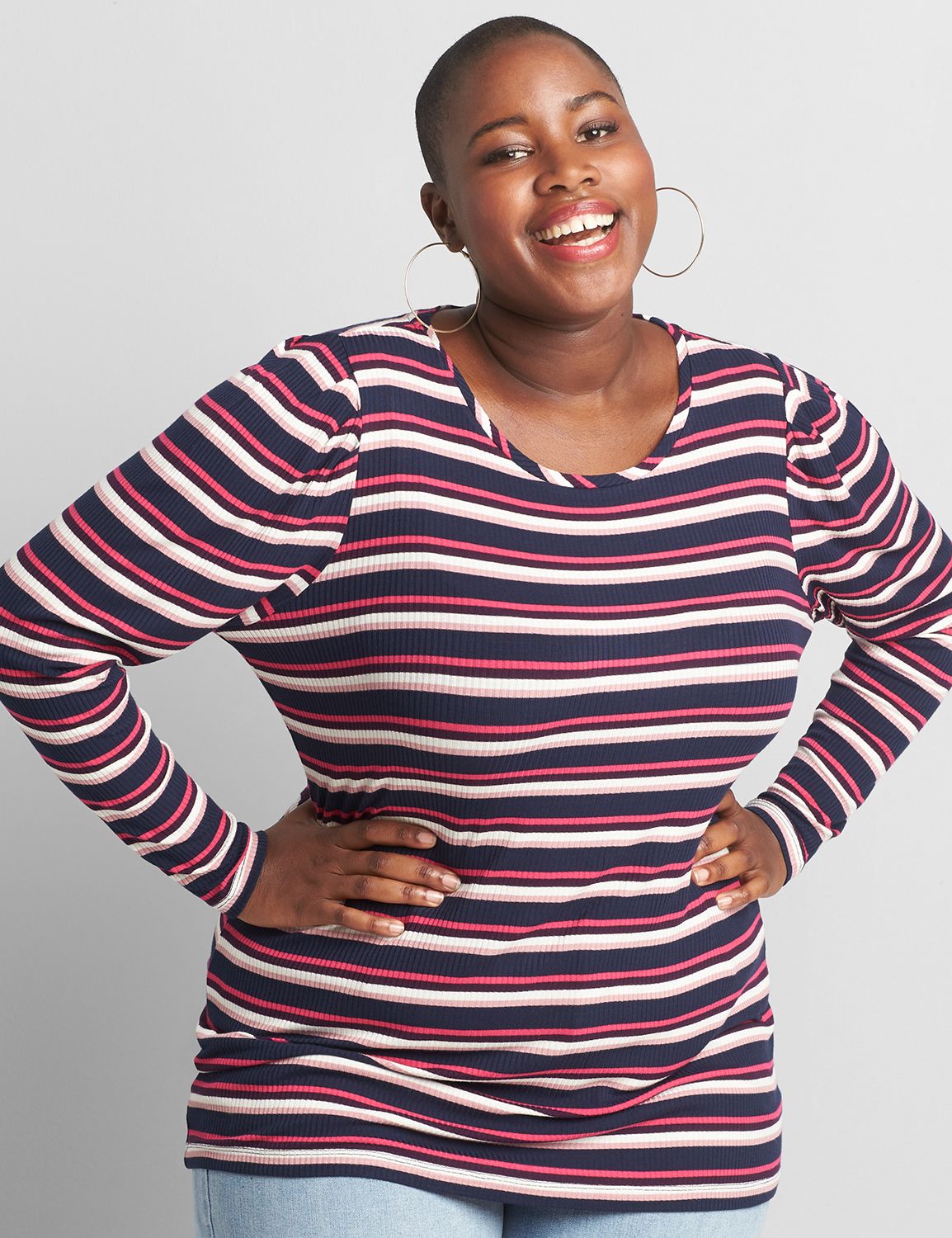 Long Sleeve Crew Neck Tee in Rib Fabric with Stripe 1119226:Stripe:22/24 Product Image 1