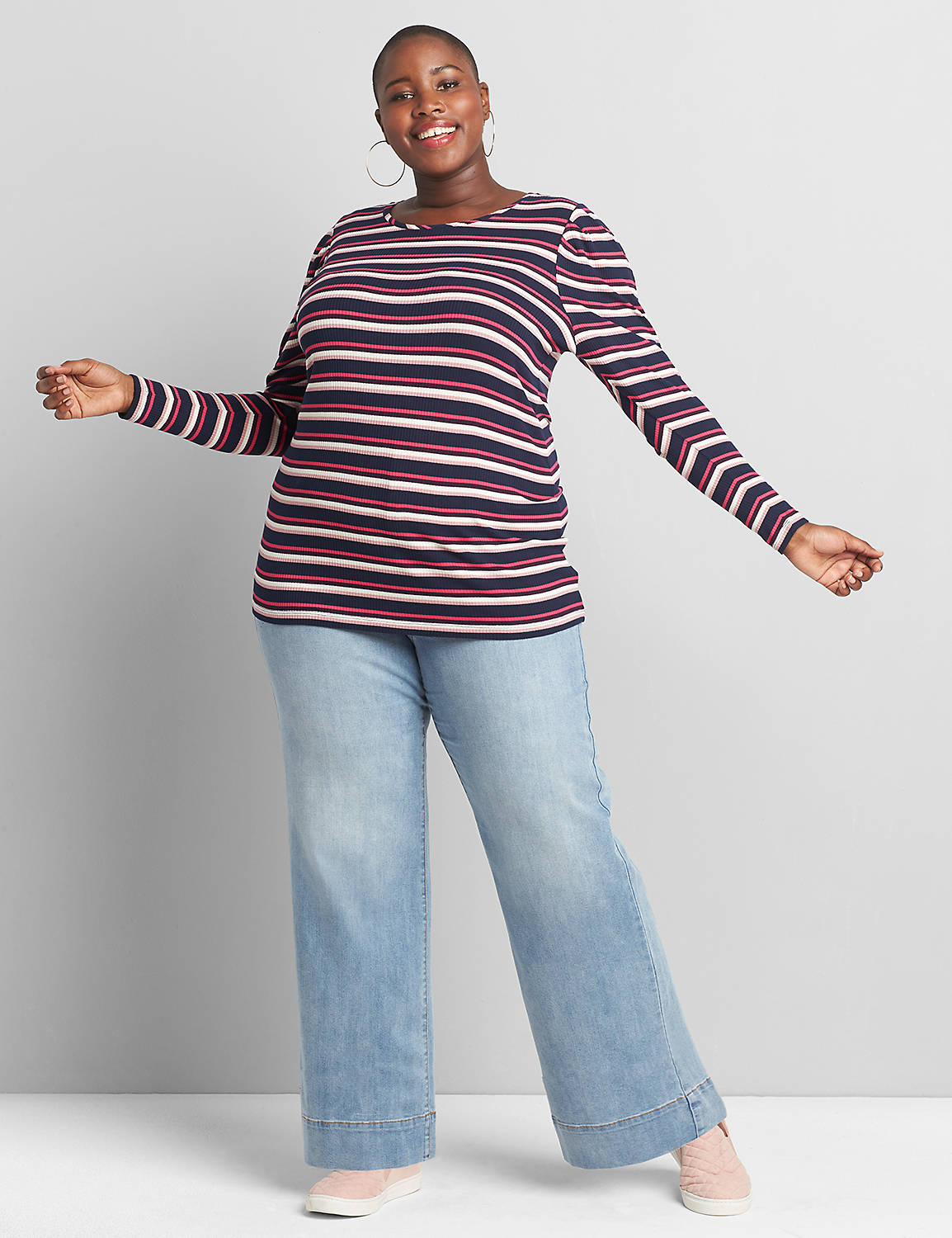 Long Sleeve Crew Neck Tee in Rib Fabric with Stripe 1119226:Stripe:22/24 Product Image 3